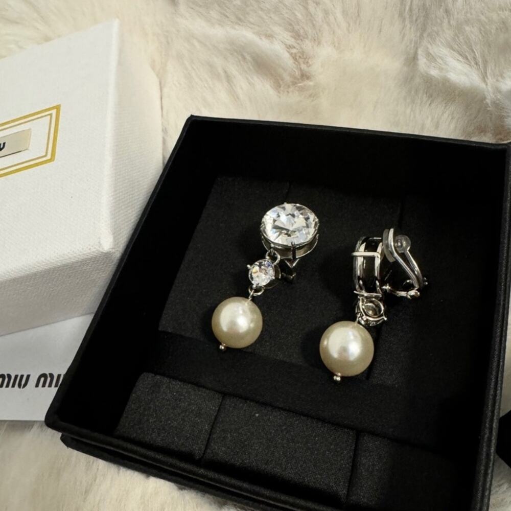 Miu Miu Crystal and Pearl Drop Clip on Earrings